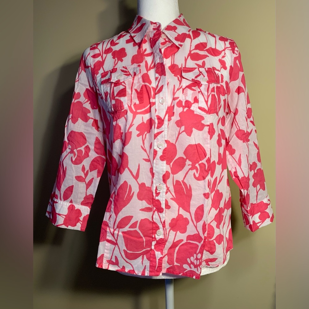 Liz Claiborne Coral Pink and White Floral Button-Down Shirt